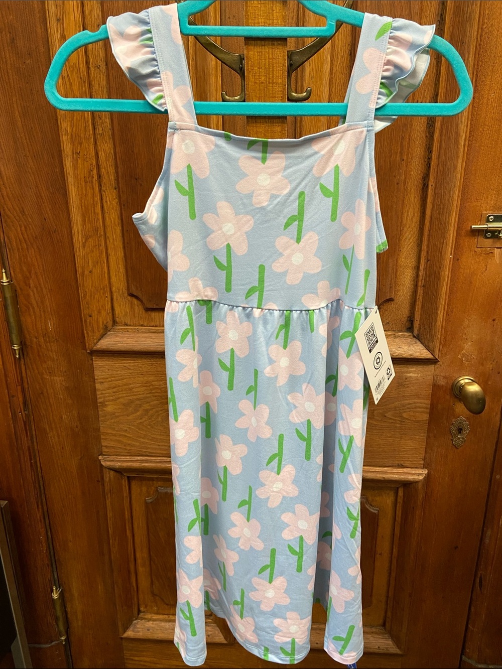 Kids Light Blue Floral Dress- Pink & Green Flower
